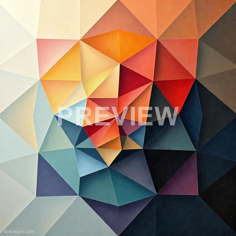 This image features an abstract geometric pattern composed of numerous interconnected triangles. The color palette transitions smoothly from light beige and yellow tones on the left to vibrant reds, oranges, and darker shades of blue and black on the right, creating a dynamic and visually engaging mosaic. The overall effect is a modern, faceted design reminiscent of a stained glass window or digital art piece.